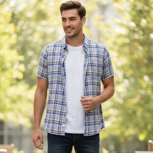 Weatherproof Vintage Men’s Medium Short Sleeve Button Down - Blue & Yellow